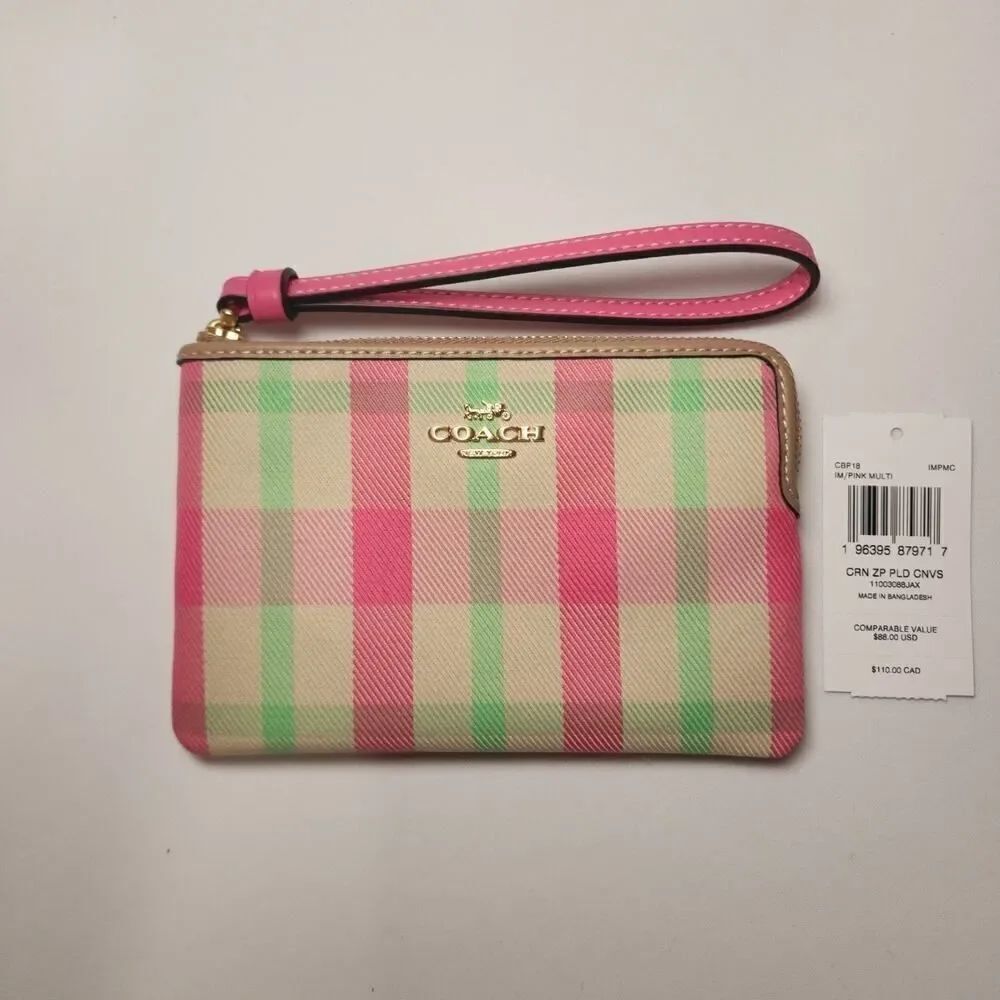 NWT Coach CBP18 Corner Zip Wristlet With Plaid IM/Pink Multi Gold Hardware